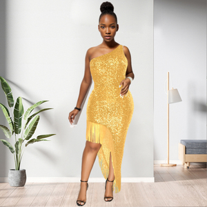 ชุดราตรีประดับเลื่อมไหล่ข้างเดียวมีพู่ประดับสำหรับออกงานปาร์ตี้ตอนเย็นแฟชั่น - Product Image 3