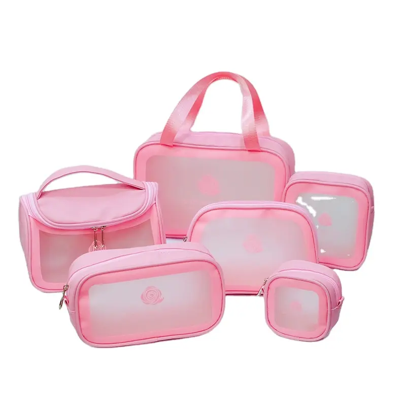Pink Semi-Circle/Square/tangle PVC Cosmetic bag handle frosted Makeup bag skincare package travel make up bag toiletry 6 packs