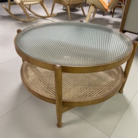 Table basse de salon de style moderne contemporain, cadre rond en bois de frêne massif avec plateau en verre, ensemble de table à thé en rotin