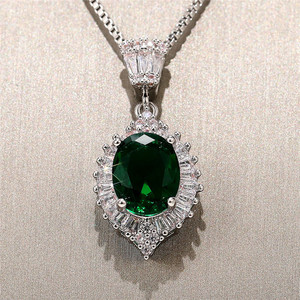 Emerald Cut Green Diamond Pendant Necklace 925 Silver Baguette Halo Water <b>Drop</b> Classic Women's Wedding Jewelry - Product Image 1