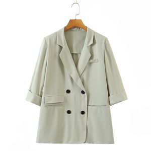 Blazer d'été pour femmes Runqi, taille plus, couleur beige unie, coupe légèrement ample, veste à double boutonnage, vêtements décontractés - Product Image 1
