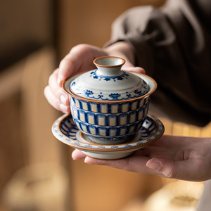 Guanlan Ru Kiln Dunhuang Ten Thousand Buddhas Three Talents Gaiwan Large Capacity Porcelain Kung Fu <b>Tea</b> <b>Set</b> - Product Image 1