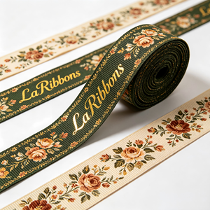 Ruban en satin imprimé floral vintage personnalisé avec logo doré, fabriqué au Vietnam, pour bouquets de mariage et emballages cadeaux - Product Image 6