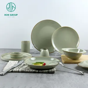 High Quality Hotel Catering Porcelain Apple Green Dinnerware Set Gold Rimmed Unbreakable Ceramic Plates Restaurant