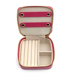 Leather Necklace Earring Bracelet Ring Custom Gift Pink Color PU Packaging Jewelry Box With Zipper