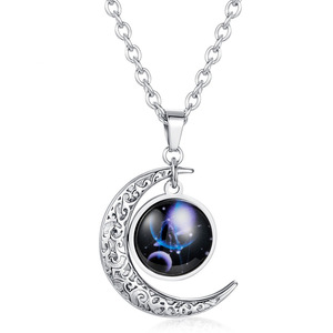 Collier Pendentif Lumineux Galaxie Croissant 12 Signes du Zodiaque en Acier Inoxydable Tendance, Vente Chaude, Cadeaux d'Anniversaire - Product Image 1