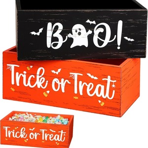 กล่องเก็บขนมฮาโลวีนไม้ทรงสี่เหลี่ยม กล่องตกแต่งโต๊ะทำงานพร้อมดีไซน์ Trick Or Treat และ Boo - Product Image 4