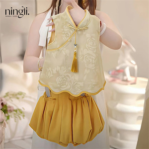 Traje floral de estilo chino para niñas, conjunto de dos piezas de verano para bebé, Hanfu infantil de gran aspecto - Product Image 3