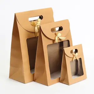 High Quality Custom Eco Brown Kraft Paper Bag For Food Gift Bags With PVC Window And Luxury Ribbon
