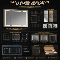 Armoire de salle de bain murale moderne avec miroir LED, corps en acier inoxydable et étagères en verre trempé pour hôtels et appartements
