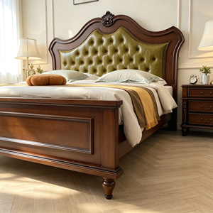 New Arrival Floral Carved Top Tufted Green Leather Upholstered Solid Wood Bed with 3 Drawer Nightstand - Product Image 6