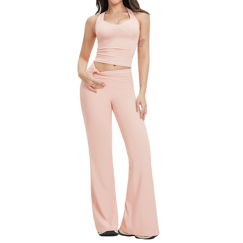Cross-Border Contrasting-Color Brushed Sweat-Wicking Yoga Set Off-the-Shoulder Neckline Color Blocking High-End Feel Set