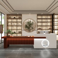 Bureau d'accueil moderne sur mesure en bois massif avec éclairage LED pour hall d'entreprise, hôtel, salon de thé