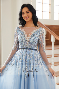 Ruolai LWC6806 nuovo arrivo vestiti da sera a maniche lunghe abiti da sera <span class=keywords><strong>con</strong></span> perline <span class=keywords><strong>blu</strong></span> cielo e <span class=keywords><strong>spacco</strong></span> - Product Image 6