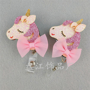 Cross-border spot felt pink bow unicorn easy-open <b>buckle</b>, fabric retractable name tag, nurse name badge. - Product Image 1