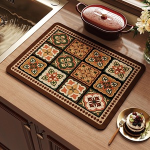 Tapete de mesa absorbente y de secado rápido de tierra de diatomeas con diseño floral retro americano, tapete de drenaje para cocina doméstica, vajilla y utensilios. - Product Image 1