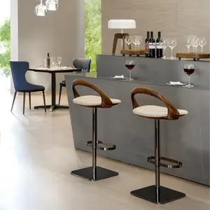 Frame Bar Stools Chairs Style High Quality Ash Wood with Stainless Steel Base Modern Luxury Seater Lifted Bar Leather 1 Piece