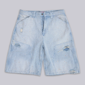 Pantalones cortos <span class=keywords><strong>de</strong></span> carpintero para hombre con rayas finas, doble rodilla, efecto salpicado <span class=keywords><strong>de</strong></span> pintura, desgastados, holgados, hasta la rodilla, con diseño a mano y lavado. - Product Image 1