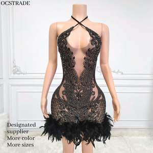 MF Sparkly Rhinestone Fashion Design Party Entrecruzado Halter Sin mangas Ladies Mini Club Dress con pluma - Product Image 1