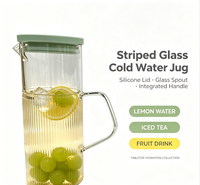 Pichet à eau en verre borosilicate à nervures verticales WUSO avec couvercle vert, poignée en verre, carafe résistante à la chaleur pour jus, thé glacé
