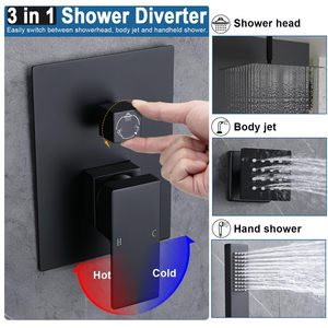 Robinet de douche mural carré noir à trois fonctions pour salle de bain <span class=keywords><strong>d</strong></span>'hôtel, mitigeur inverseur 3 voies en laiton massif - Product Image 2