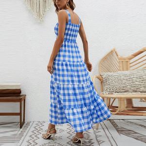 Abiti lunghi da donna con stampa <span class=keywords><strong>a</strong></span> <span class=keywords><strong>pois</strong></span> con volant in Tartan prendisole hawiano senza maniche con scollo quadrato abito Boho abbigliamento Plaid Dress - Product Image 4