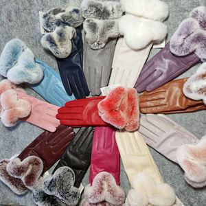Gants d'hiver en cuir pour femmes avec fourrure de lapin Rex et peau de mouton en velours, gants thermiques, style uni décontracté - Product Image 5