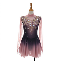 Robe de patinage et de danse pour enfants et adultes, dégradé noir et rose, col montant, manches longues en maille, dos orné de feuilles en strass, pour compétition et spectacle de patinage artistique