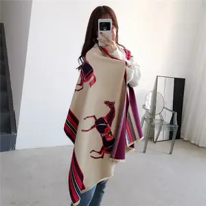 Winter Latest Fashion Style Women Two Horse Jacquard Scarf Warm Thick Shawl Pashmina Cashmere Scarfs