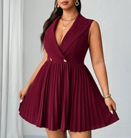 Robe mini plissée décontractée taille haute sans manches à col tailleur pour femme, collection été 2026, grande taille, tendance