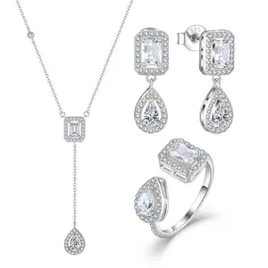 Yilun Zirkonia Waterdruppel Set Sieraden Bruids Verloving Bruiloft Cz Diamant Halo Design Luxe Sieraden Set Voor Vrouwen