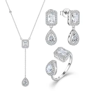925 Sterling Zilver CZ Sieradenset Ketting Oorbellen Open Ring Halo Bruids Huwelijksfeest Set voor Vrouwen - Product Image 1