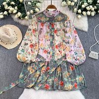 Robe en polyester pour femme, style français vintage, à imprimé floral, col montant, manches lanternes, ceinturée à la taille, pour le printemps