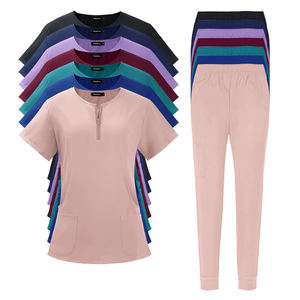 थोक फैशन महिला नर्स शाही नीले रंग जिपर गर्दन और आकार की छोटी आस्तीन स्ट्रेची मेडिकल स्क्रब वर्दी सेट - Product Image 2