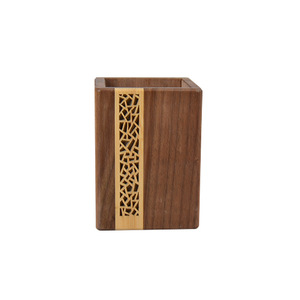 Wooden Desk Organizer Square <b>Pen</b> Holder With Geometric Inlay For Office Stationery Storage - Product Image 1