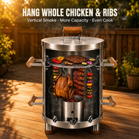 Fumoir vertical à charbon de bois en acier inoxydable avec aérateur réglable, crochets de suspension et thermomètre pour grillades en extérieur