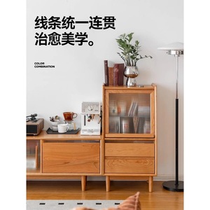 Solid Wood Side <b>Cabinet</b> 3 Compartments Storage Living Room <b>Cabinet</b> Cherry Color <b>Pine</b> Wood - Product Image 3