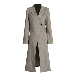 Bettergirl 2024 Autumn New Temperament Commuter Wind Waist Slimming Striped <strong>Coat</strong> Silhouette Slit Buckle Long <strong>Trench</strong> <strong>Coat</strong> - Product Image 5
