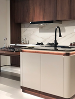 Meubles de cuisine modernes en placage de bois, ensemble de cuisine modulaire sur mesure, îlot de salle à manger intégré, table, plan de travail en quartz pour villa et maison