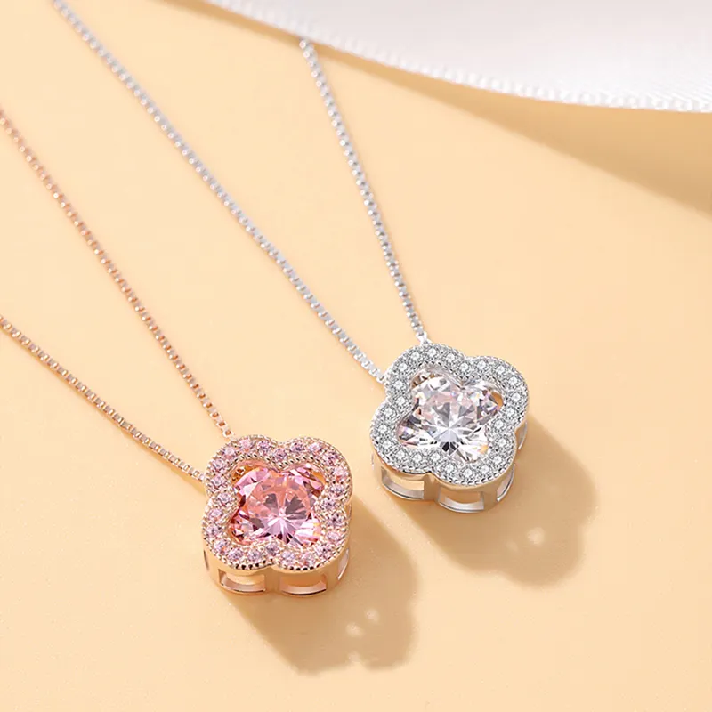 Wholesale Women jewellery 925 Sterling Silver Four-Leaf Clover Pink Colored CZ Cubic Zircon Pendant S925 Necklace Jewelry