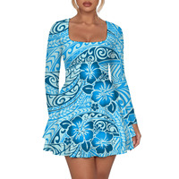 Robe Courte Femme Manches Longues Imprimé Hawaïen Tribal Polynésien Taille Naturelle Personnalisable avec Logo – Collection Automne