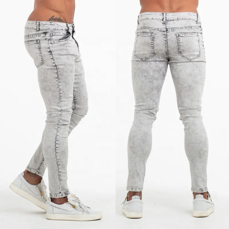 Celana Jins Pria Pabrik Grosir Pelanggan Merek Warna Abu-abu Terang Super Skinny Elastis Jeans Pria