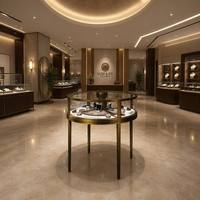 Vitrine de présentation de bijoux en laiton rond avec plateau rotatif intérieur, vitrine en verre trempé, quatre pieds, comptoir de bijouterie
