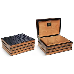 Custom Cigar Humidor Black Grid Cedar Wooden Humidor Cigar Box New Design With Digital Hygrometer