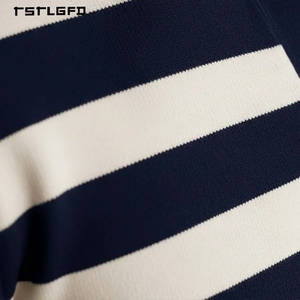 Polo de punto a rayas horizontales para hombre, azul marino y blanco, cuello abierto, estilo Old Money, retro, ropa de verano para resort, polo para hombre - Product Image 5
