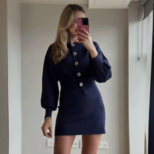 Womens 2025 mùa xuân hoa nút đan Cardigan và váy Bộ - Product Image 2