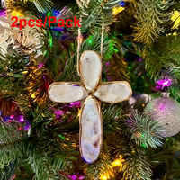 2 pièces de décorations suspendues de Noël en coquilles d'huîtres naturelles de 3 pouces avec ornements en forme de croix, cadeau de mariage sur le thème de la plage côtière