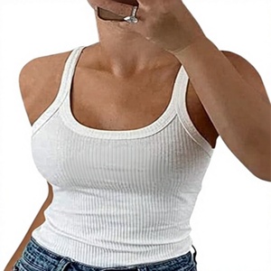Women's <b>White</b> Ribbed <b>Tank</b> <b>Top</b> Scoop Neck Casual Letter Print Front 100% Cotton Knitted Breathable Style - Product Image 2