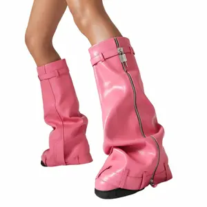 Nouvelle mode, bottes hautes à talon compensé repliées pour femmes de haute qualité pour dames, bottes hautes au genou en cuir PU Ins de grande taille