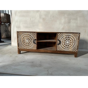 Armoire sculptée blanche avec 2 portes meubles vintage décor de salon buffet rétro antique armoire de rangement en bois de l'inde - Product Image 1